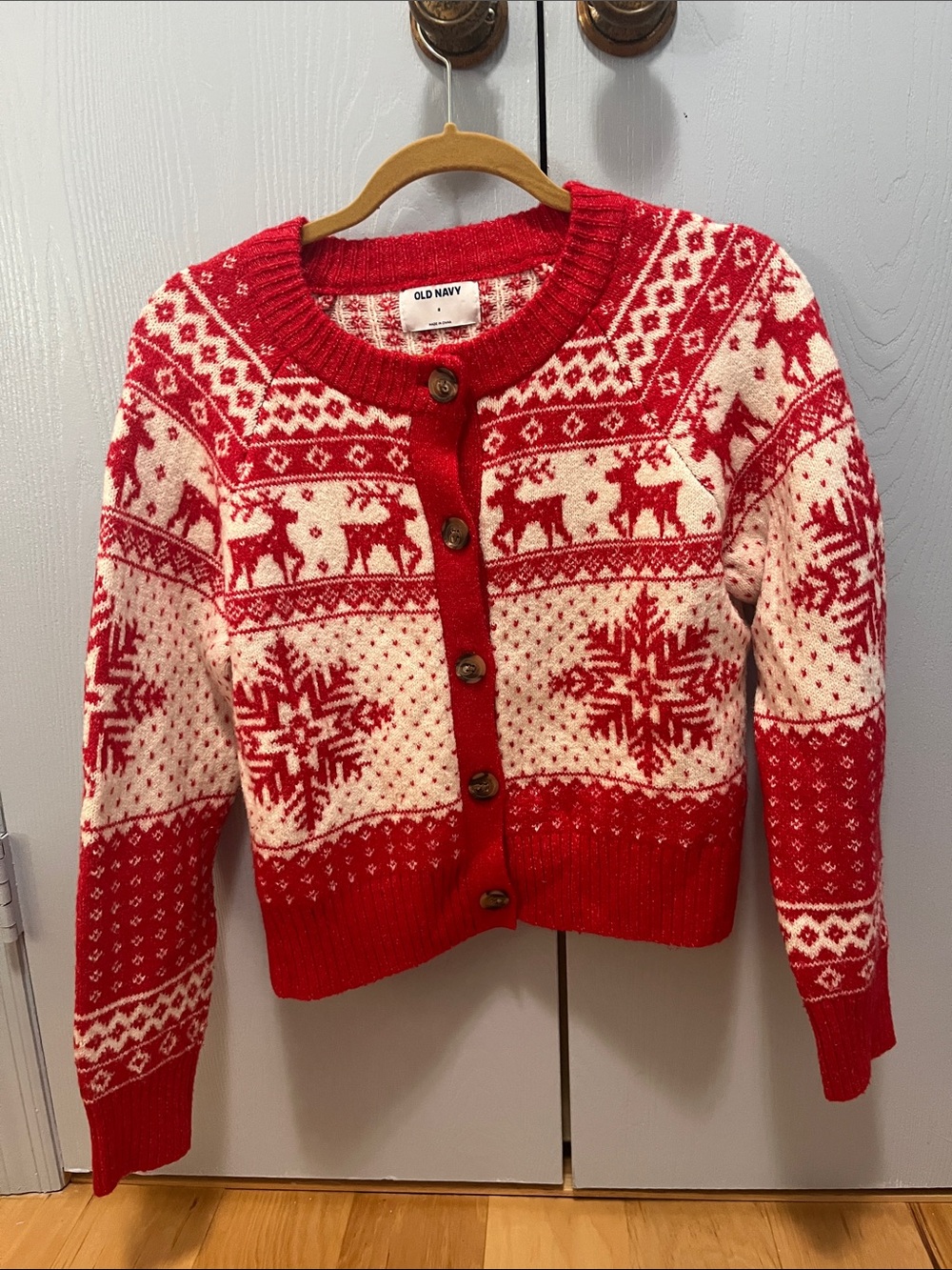 Old Navy Red and White Nordic Reindeer Button Cardigan